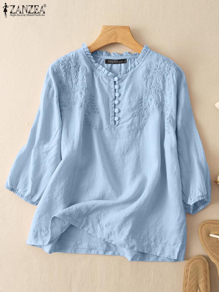Embroidery Artwork - ZANZEA Summer Vintage Shirts Elegant OL